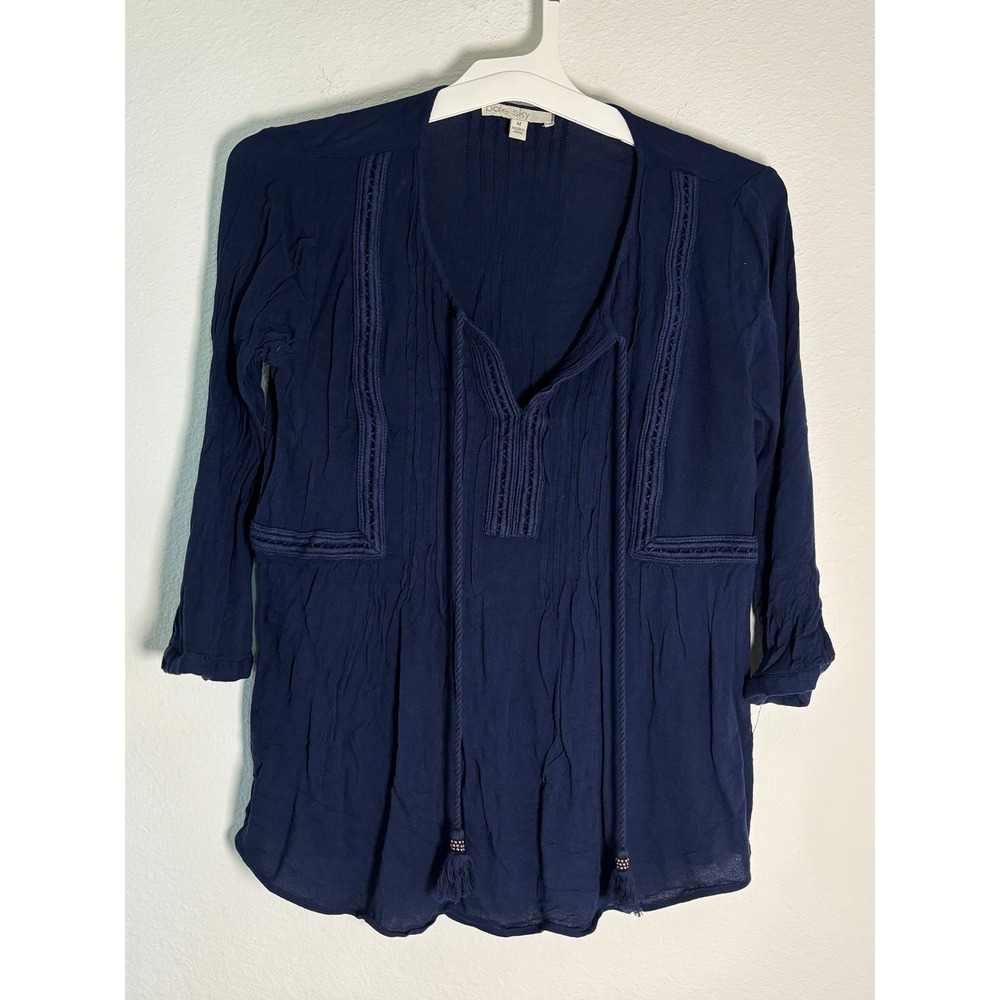 Pale Sky Navy Blue Embroidered Boho Peasant Blouse Tassel Tie Top Medium